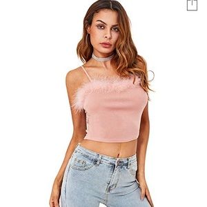 Pink spaghetti strap crop top with feather trim